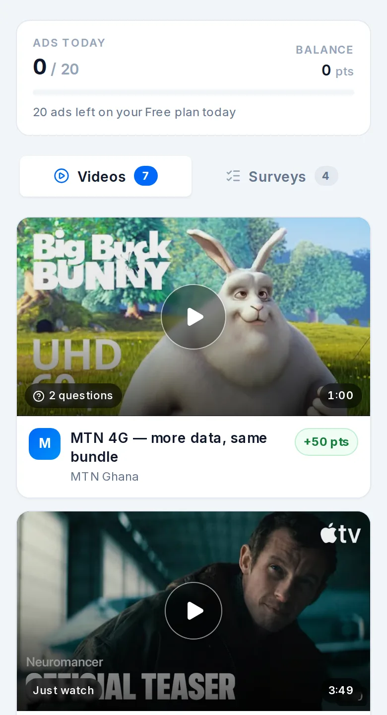 The SidePerks ads feed on a phone, showing video ads with the points each one pays