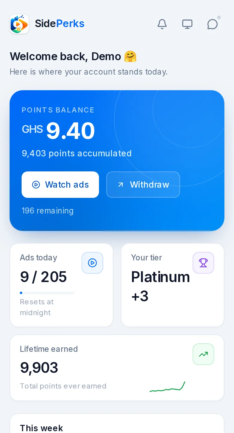 The SidePerks home screen showing a balance in Ghana cedis, the daily ad count and lifetime earnings
